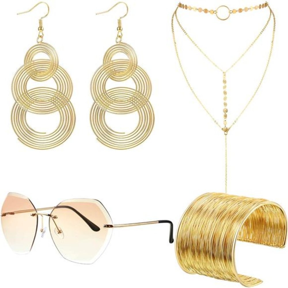70s Disco Set Rimless Diamond Cutting Sunglasses Wire Metal CoilBracelet Layered